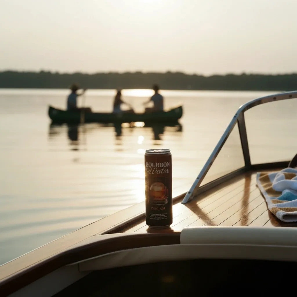 Bourbon Water can on a boat at sunset