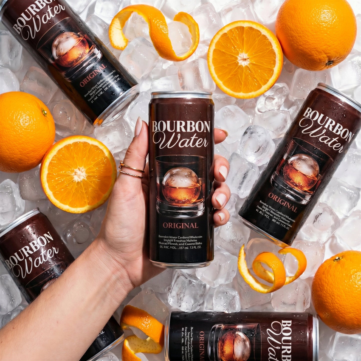 Bourbon Water cans on ice with fresh oranges