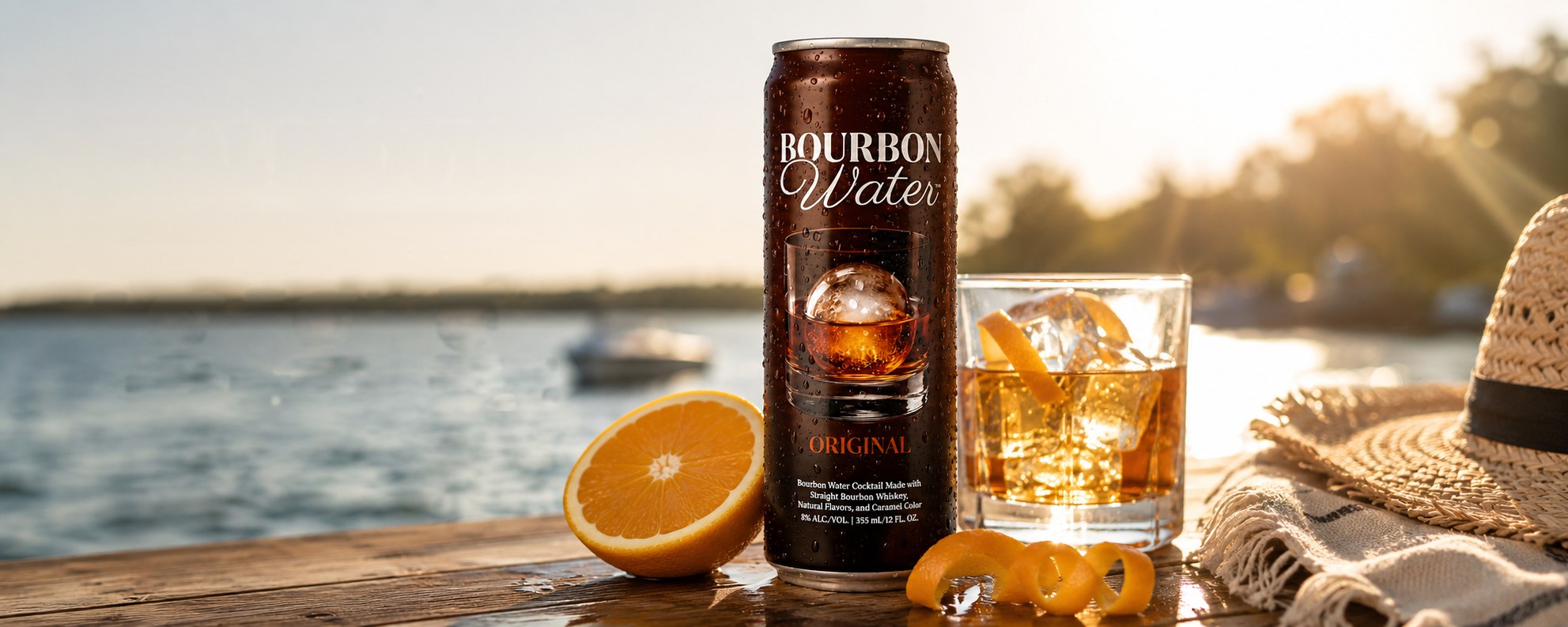 Bourbon Water can and an old fashioned on a dock at sunset