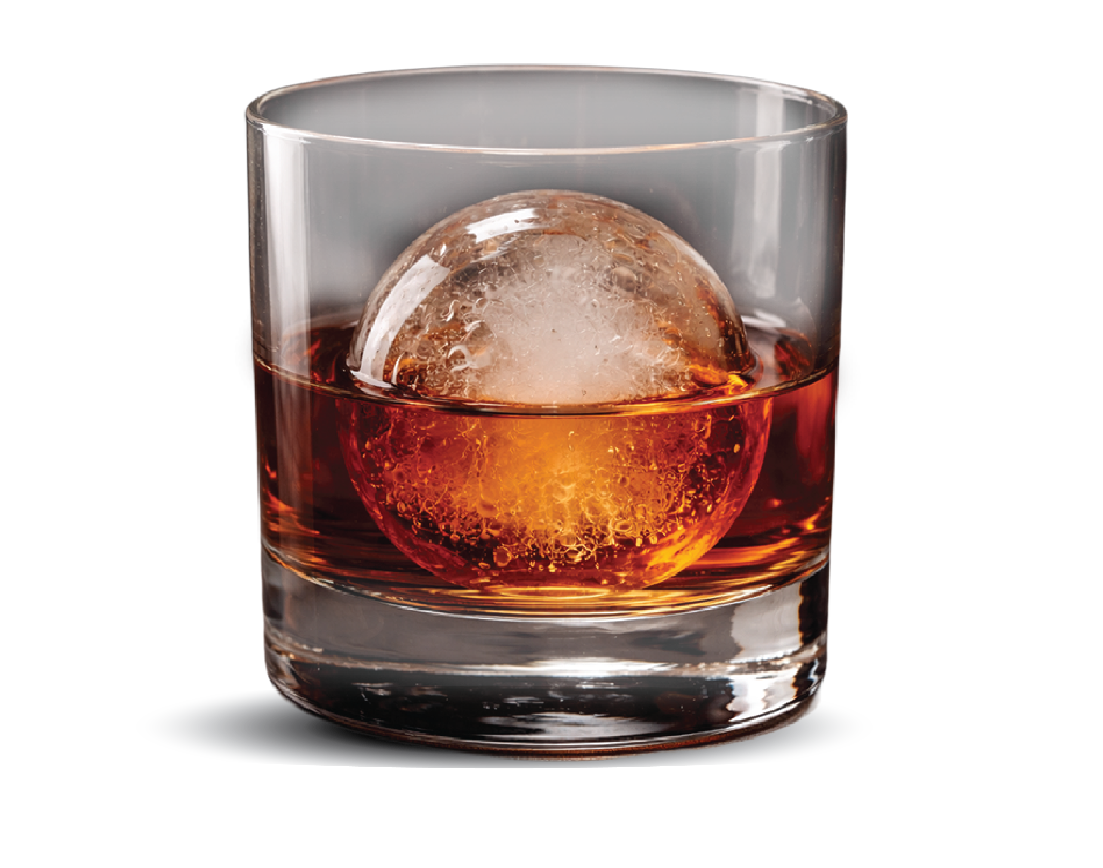 A rocks glass of bourbon with a round ice sphere
