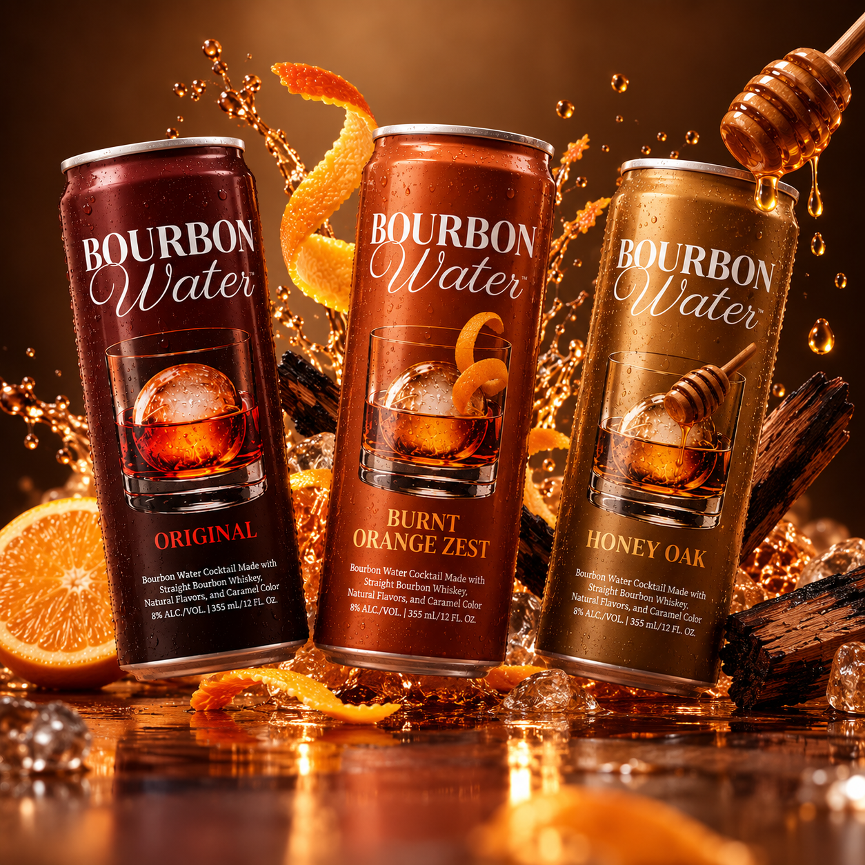 Original, Burnt Orange Zest, and Honey Oak Bourbon Water cans