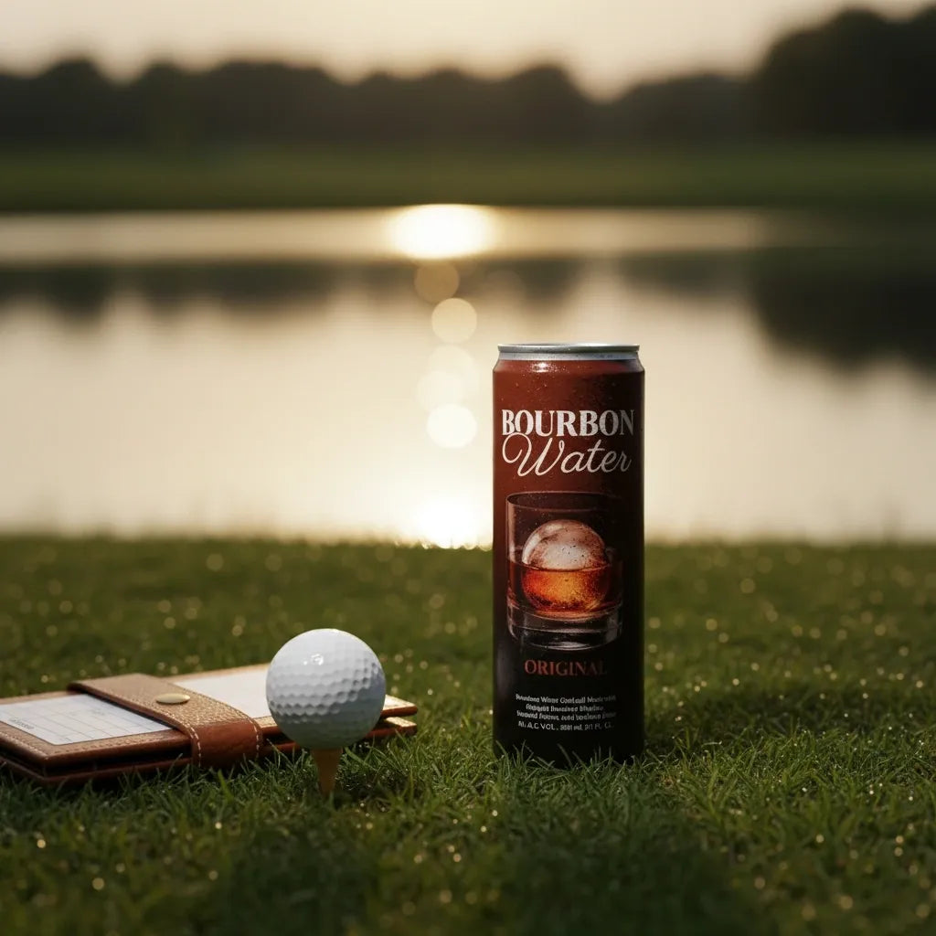 Bourbon Water can on a golf green by the water