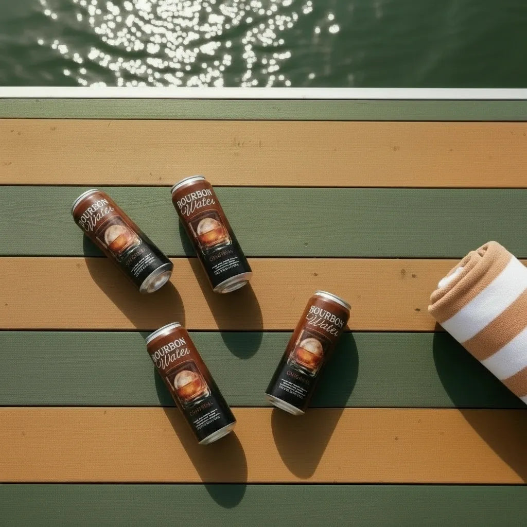 Bourbon Water cans on a green and yellow dock